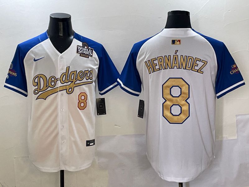 Men Los Angeles Dodgers #8 Hernandez White Blue Gold Game 2025 Nike MLB Jersey style 3
